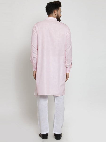 Pink Kurta With Aligarh Pajama  Set in Linen For Men by Treemoda