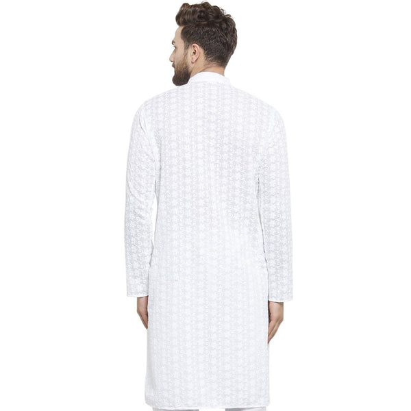 White Cotton Chikankari Lucknowi Jaal Embroidered Kurta By Treemoda