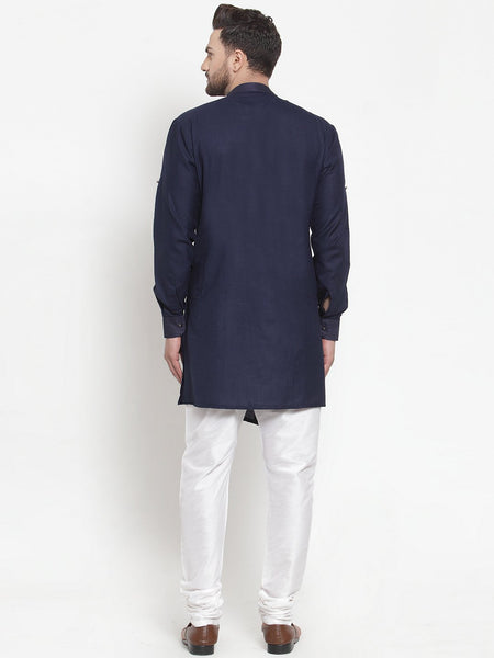 Designer Navy Blue Kurta With Churidar Set in Linen For Men by Treemoda