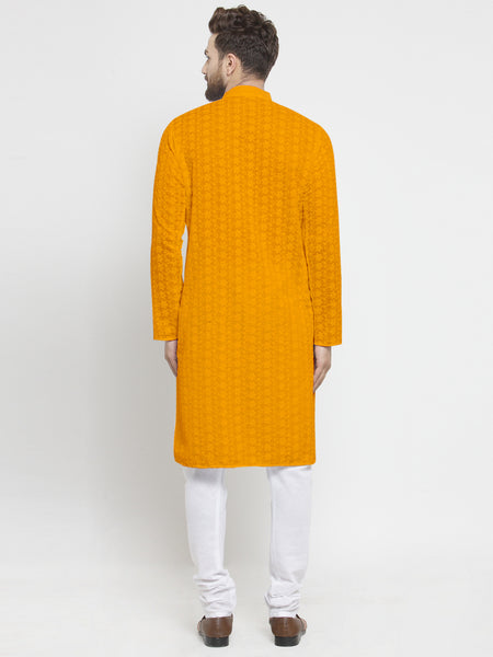 Mustard Yellow Cotton Chikankari Lucknowi Jaal Embroidered Kurta with Churidar Pajama For Men by Treemoda