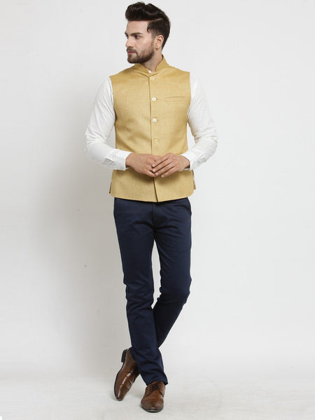 Men Mustard Yellow Solid Nehru Jacket By Treemoda