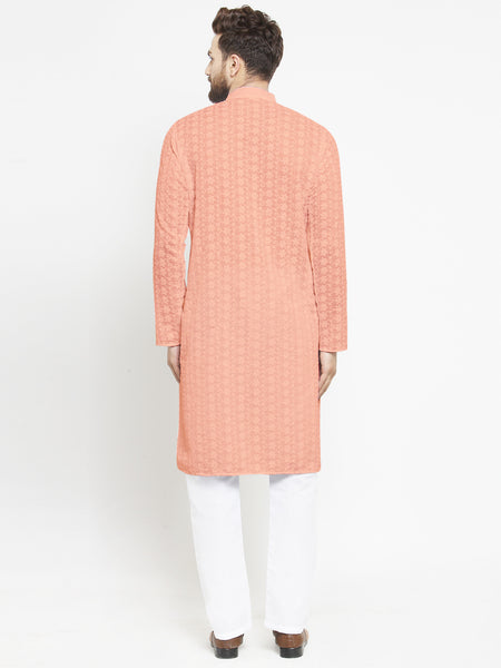 Salmon Pink Chikankari Lucknowi Jaal Embroidered Kurta with Aligarh Pajama by Treemoda