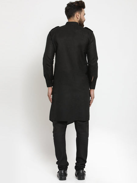 Black Kurta With Churidar Pajama Set in Linen For Men by Treemoda