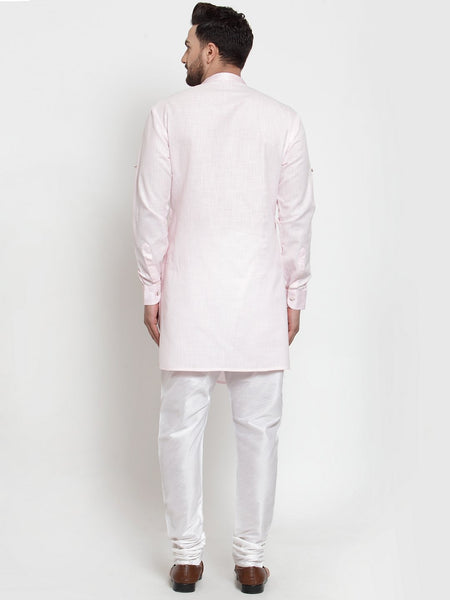 Designer Pink Kurta With Churidar Pajama Set in Linen For Men by Treemoda