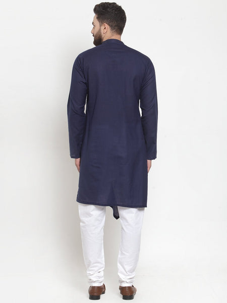 Designer Navy blue Kurta With Churidar Pajama Set in Linen for men by Treemoda