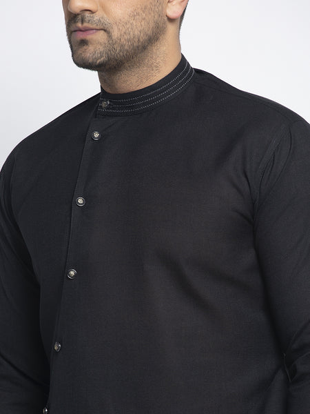 Designer Black Linen Kurta With White Churidar Pajama Set For Men By Treemoda