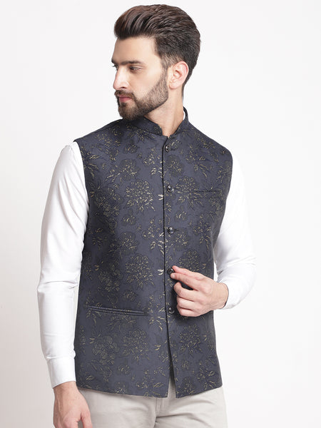 Blue Jacquard  Brocade Silk Nehru Jacket By Treemoda