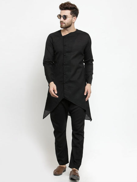 Designer Black Linen Kurta With Aligarh Pajama For Men By Treemoda