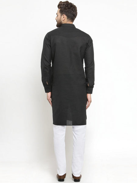 Designer Black Pathani Lenin Kurta with White Aligarh Pajama by TREEMODA