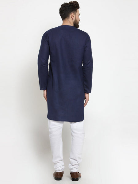 Navy Blue Kurta With Churidar Pajama Set in Linen For Men by Treemoda