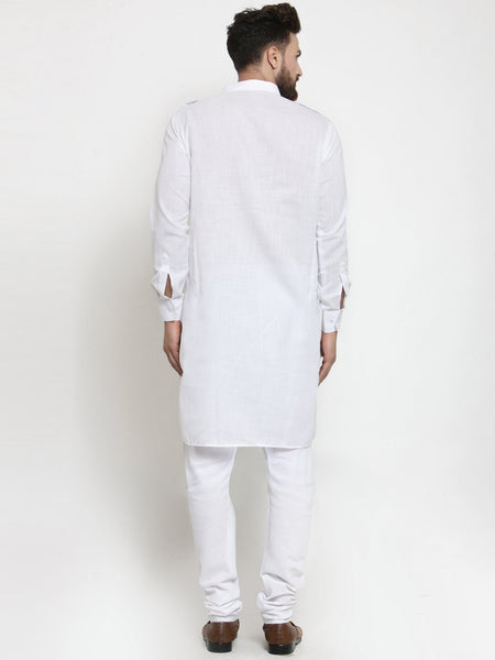White Kurta with Churidar Pajama Set in Linen For Men by Treemoda