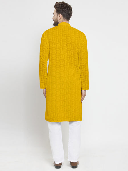 Mustard Yellow Chikankari Lucknowi Jaal Embroidered Kurta with Aligarh Pajama For Men  by Treemoda