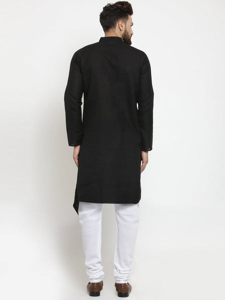 Black Kurta With Churidar Pajama Set in Linen For Men by Treemoda