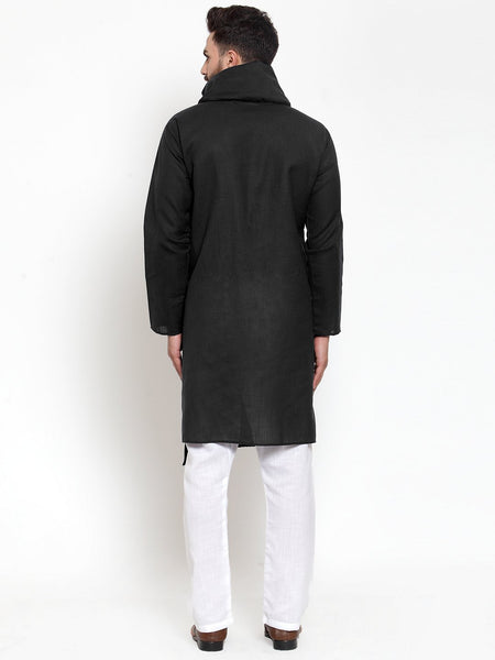 Black Kurta With Aligarh Pajama Set in Linen For Men by Treemoda