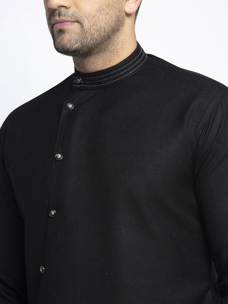 Designer Black Linen Kurta With Churidar Pajama Set For Men By Treemoda