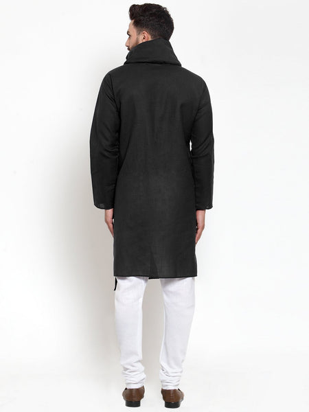 Black Kurta With Churidar Pajama Set in Linen For Men by Treemoda