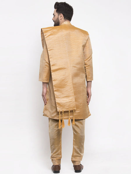 Men's Gold Embroidered Kurta Pajama Set With,Jacket, and Scarf by Treemoda