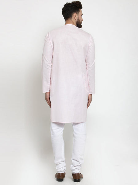Pink Kurta With Churidar Pajama Set in Linen For Men by Treemoda