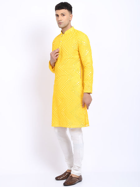 Yellow Georgette Mirror Work Embroidered Kurta with Churidar Pajama by Treemoda