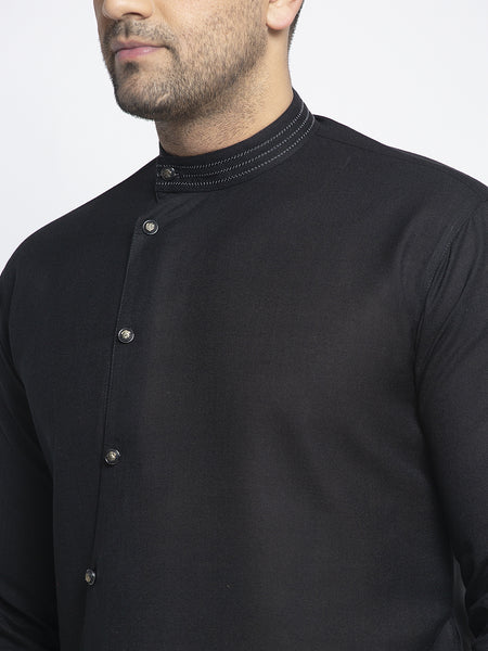Designer Black Linen Kurta With Aligarh Pajama Set For Men By Treemoda