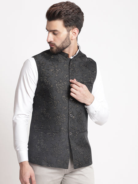 Black Jacquard  Brocade Silk Nehru Jacket By Treemoda
