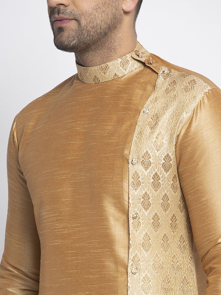 Embellished Brocade Golden Kurta With Churidar Pajama Set For Men By Treemoda