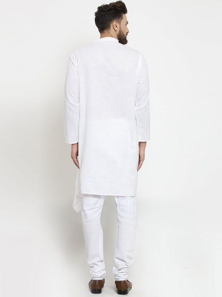 White Kurta With Churidar Pajama Set in Linen For Men by Treemoda