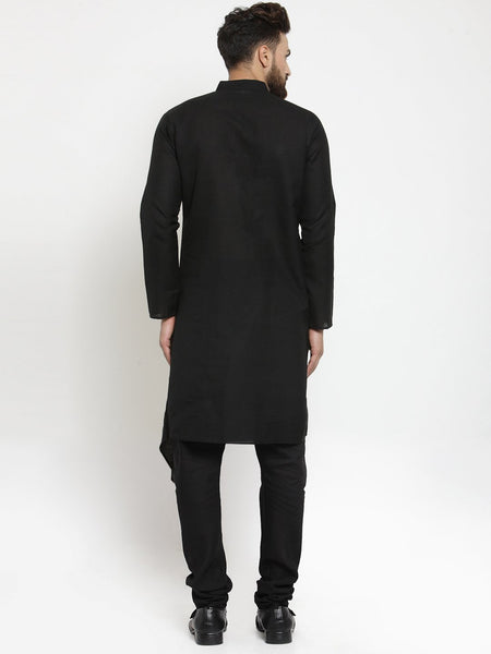 Black Kurta With Churidar Pajama Set in Linen For Men by Treemoda