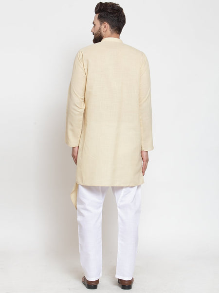 Beige Kurta With Aligarh Pajama Set in Linen For Men by Treemoda