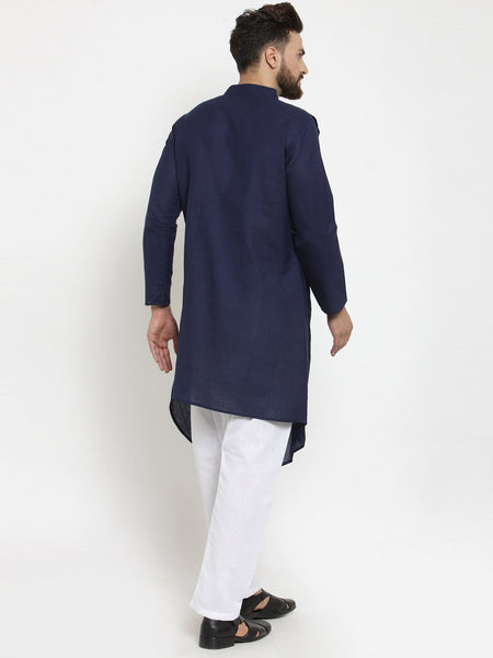 Designer Navy Blue Linen Kurta With Churidar Pajama For Men By Treemoda