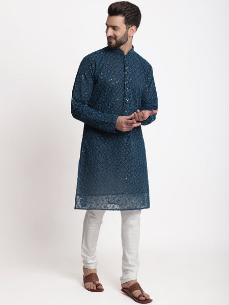 Blue Chikankari Floral Embroidery Kurta With Churidar Pajama by Treemoda