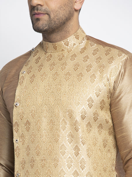 Embellished Brocade Golden Kurta With Aligarh Pajama Set For Men By Treemoda