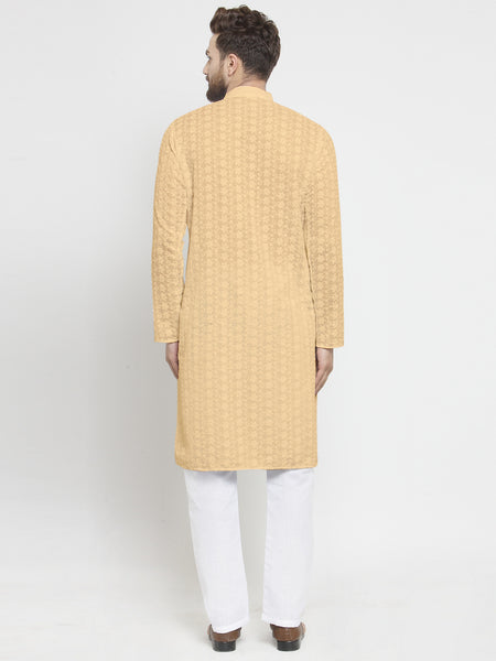 Embroidered Cotton Chikankari Beige Kurta With Aligarh Pajama For Men By Treemoda