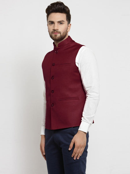 Men Maroon Solid Nehru Jacket By Treemoda