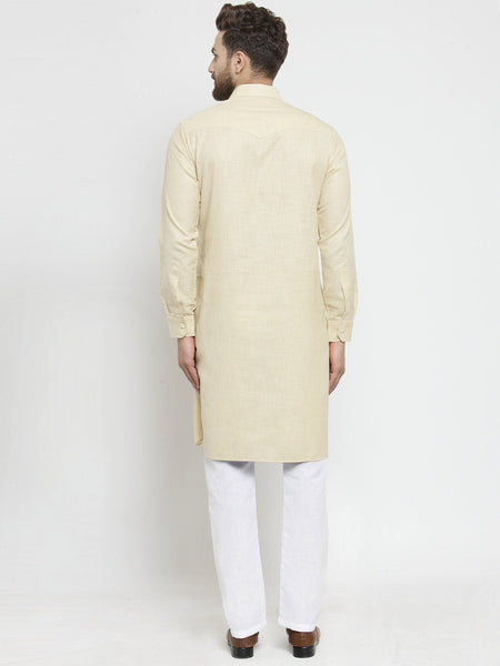 Designer Beige Pathani Lenin Kurta with White Aligarh Pajama by TREEMODA