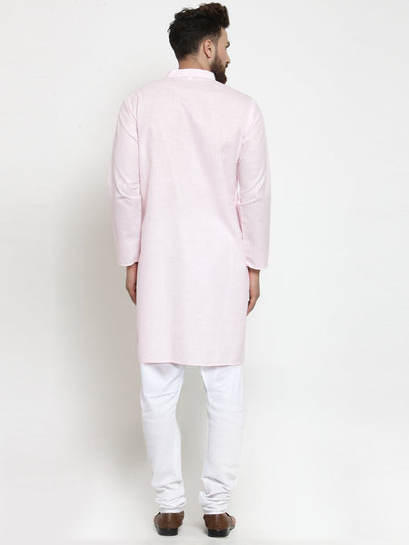 Pink Kurta With Churidar Pajama Set in Linen For Men by Treemoda