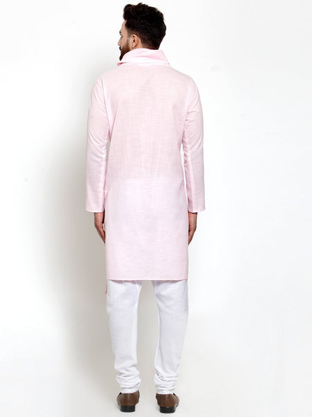 Pink Kurta With Aligarh Pajama Set in Linen For Men by Treemoda