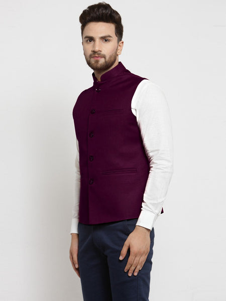 Men Purple Solid Nehru Jacket By Treemoda