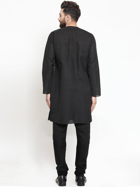 Black Kurta With Churidar Pajama Set in Linen For Men by Treemoda
