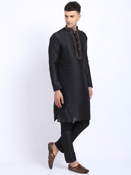Embellished Black Brocade Kurta with Aligarh Pajama by Treemoda
