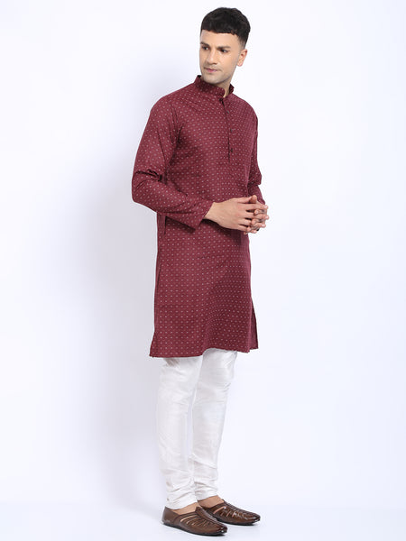 Printed Maroon Cotton Kurta with Churidar Pajama by Treemoda