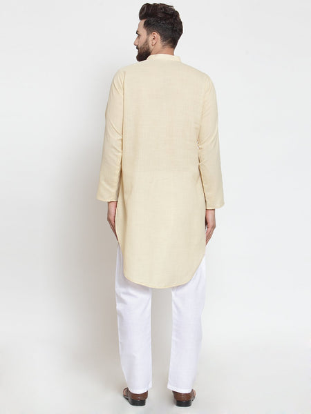 Beige Kurta With Aligarh Pajama Set in Linen For Men by Treemoda