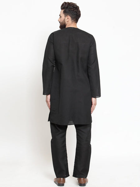 Black Kurta With Aligarh Pajama Set in Linen  For Men by Treemoda