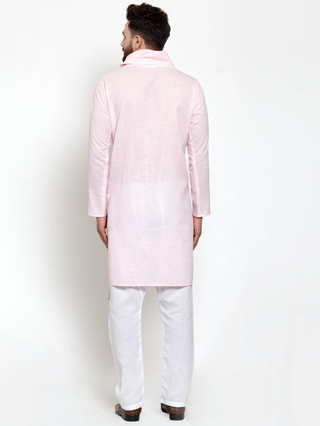Pink Kurta With Aligarh Pajama in Linen For Men by Treemoda