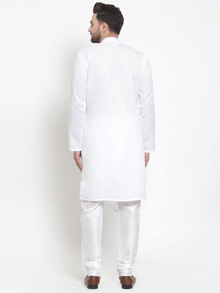 Designer White Kurta With Churidar Pajama Set in Linen For Men by Treemoda