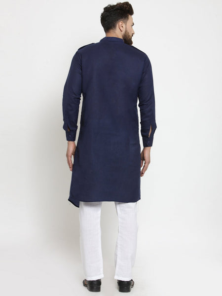 Navy Blue Kurta With Aligarh Pajama Set in Linen For Men by Treemoda