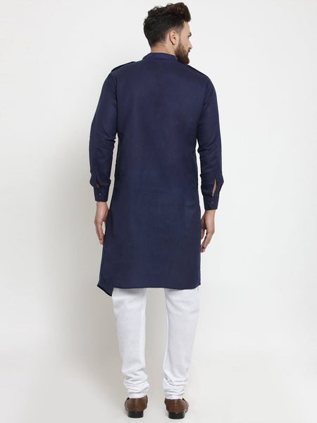 Navy Blue Kurta With Churidar Pajama Set in Linen For Men by Treemoda