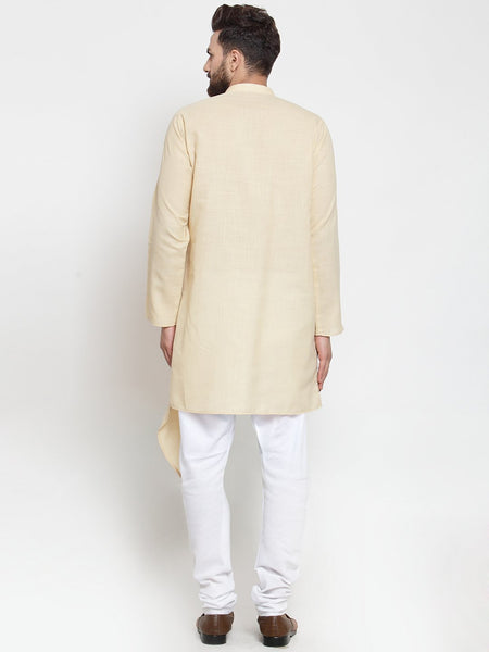 Beige Kurta With Churidar Pajama Set in Linen For Men by Treemoda