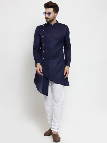 Designer Blue Linen Kurta With Chudidar Pajama For Men By Treemoda