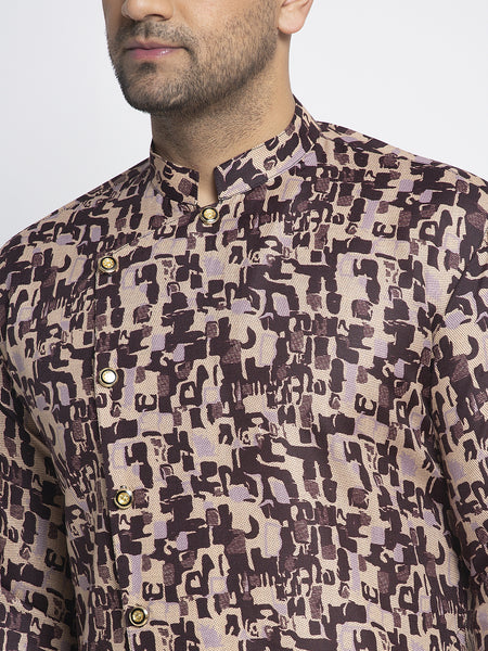 Designer Cotton Brown Block Printed Kurta With Aligarh Pajama Set For Men By Treemoda